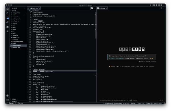 A code editor showing a pyproject.toml file next to an OpenCode terminal session