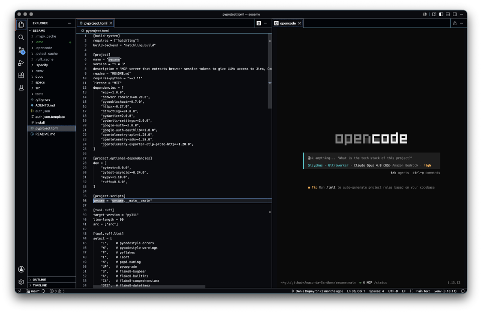 A code editor showing a pyproject.toml file next to an OpenCode terminal session