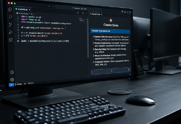 A Claude Code session paused in plan mode, showing a numbered plan beside a VS Code editor