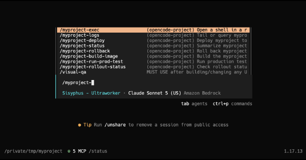An OpenCode terminal session with the slash-command autocomplete open, showing custom project commands like /myproject-deploy and /myproject-rollback