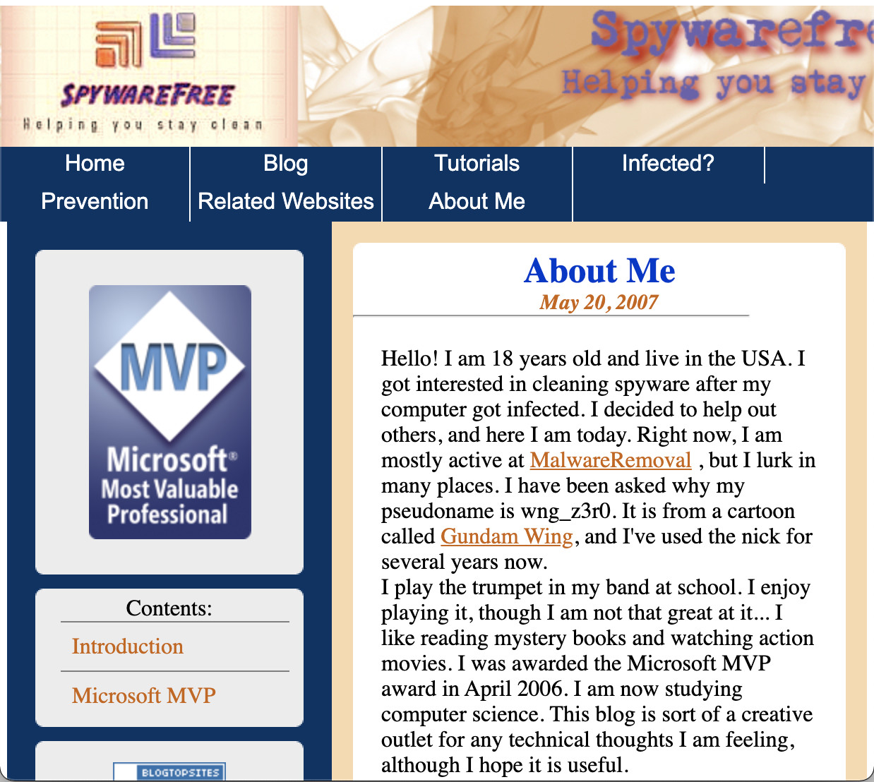 Screencap of spyware-free.us website, my original blog. Shows the about-me page.