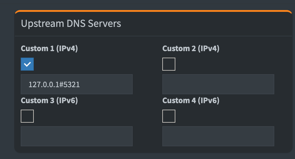 Web settings for Pi-Hole showing the DNS server pointing to 127.0.0.1#5321